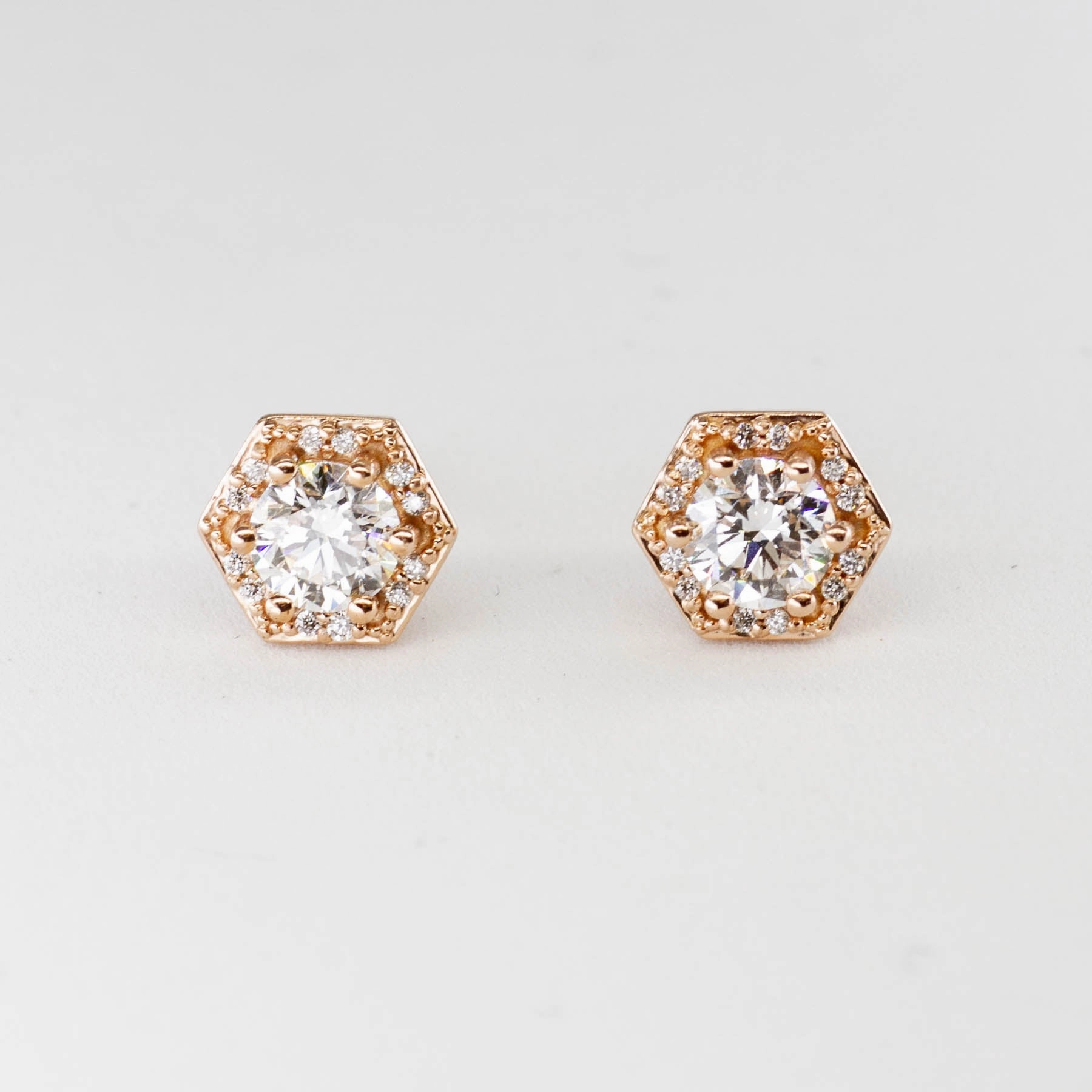 100 Ways' Hexagon Halo Diamond Stud Earrings in Rose Gold | Canadian Diamonds | 1.05 ctw Modern Shine