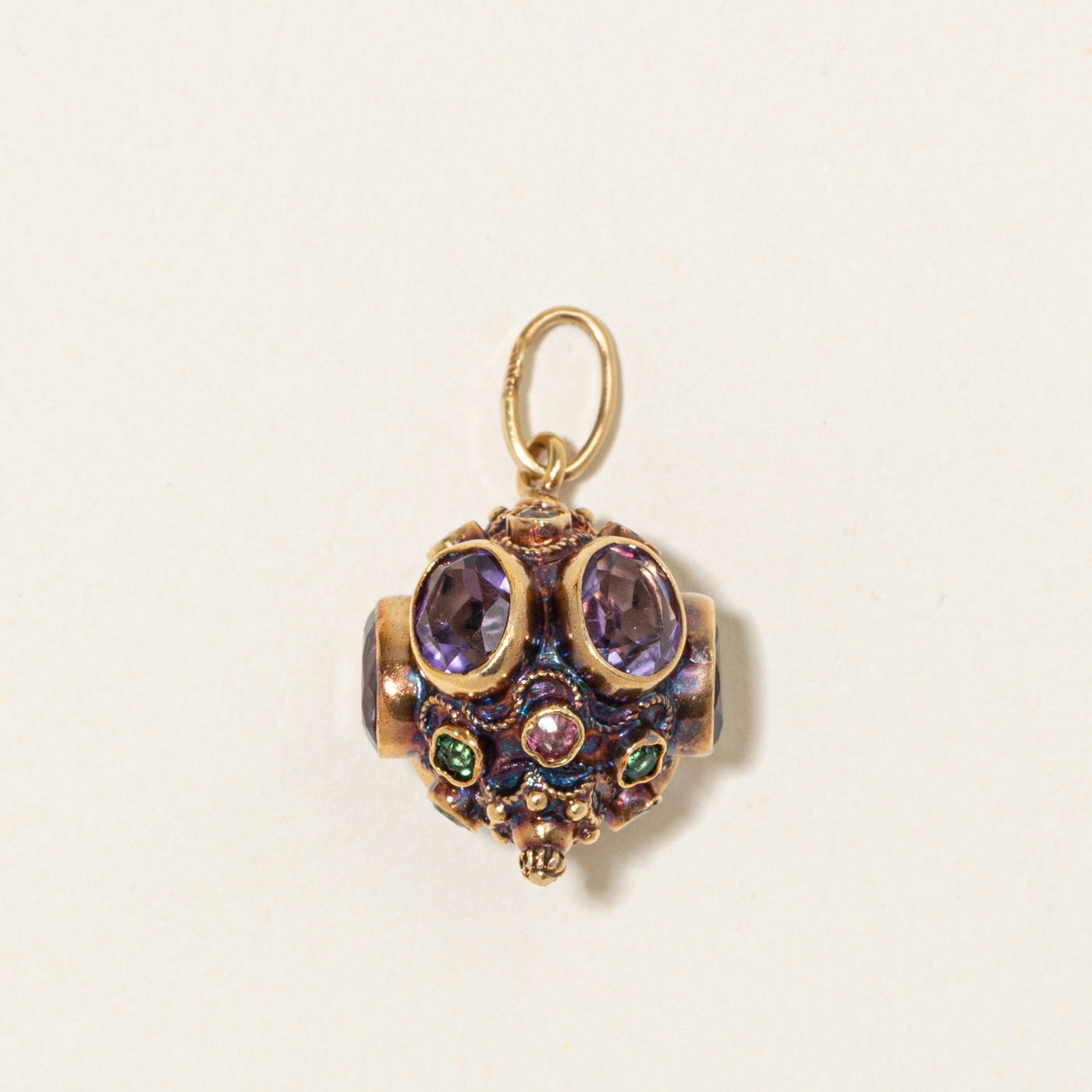 Inspired Feature 18k Bezel Set Amethyst & Tourmaline Ornate Charm | 9.00ctw, 1.20ctw