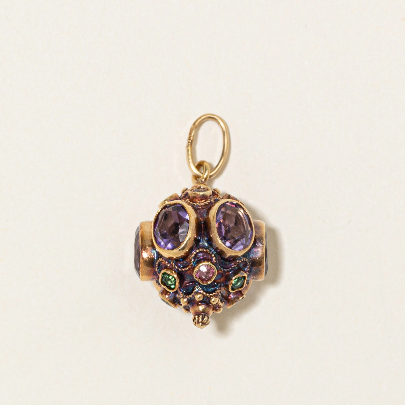 City Style 18k Bezel Set Amethyst & Tourmaline Ornate Charm | 9.00ctw, 1.20ctw