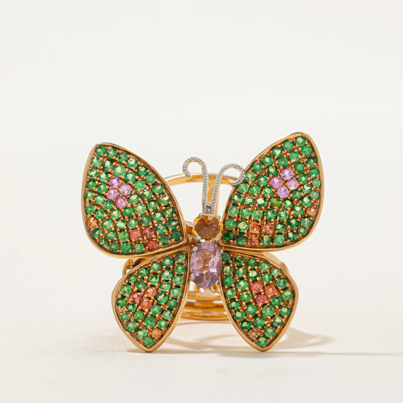 18K gold Kinetic Butterfly Cocktail Ring set with Garnet, Kunzite, Topaz & Sapphire | 1.67ctw | SZ 7 Street Chic