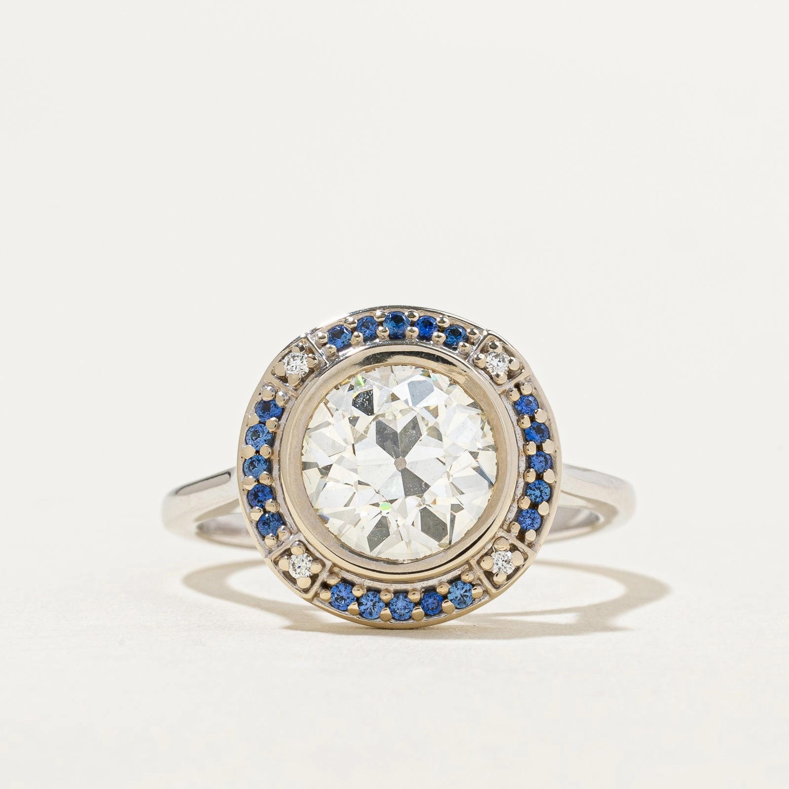 '100 Ways' Natural Old European-cut Diamond & Sapphire Halo Engagement Ring | 2.04ctw, 0.25ctw | SZ 7 | Colorful Glow
