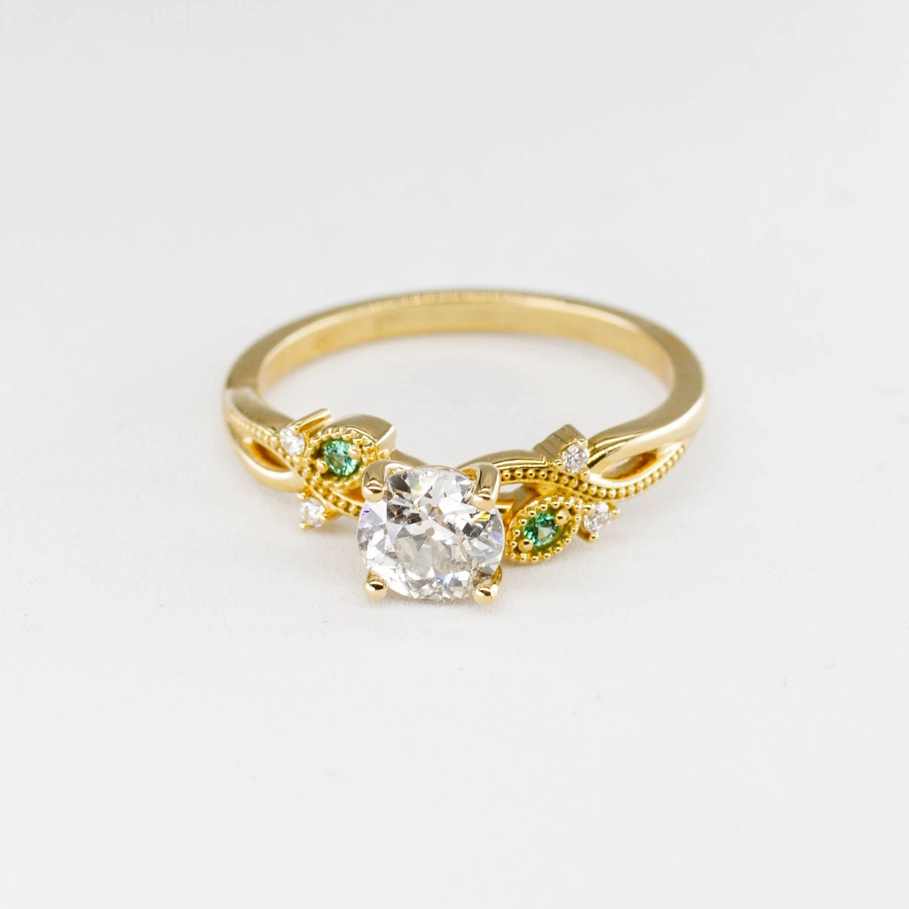 '100 Ways' Old European Cut Diamond Engagement Ring with Diamond and Emerald Accents | 0.92ctw, 0.04ctw | SZ 7.25 | Timeless Craft Shine Artisan Sparkle