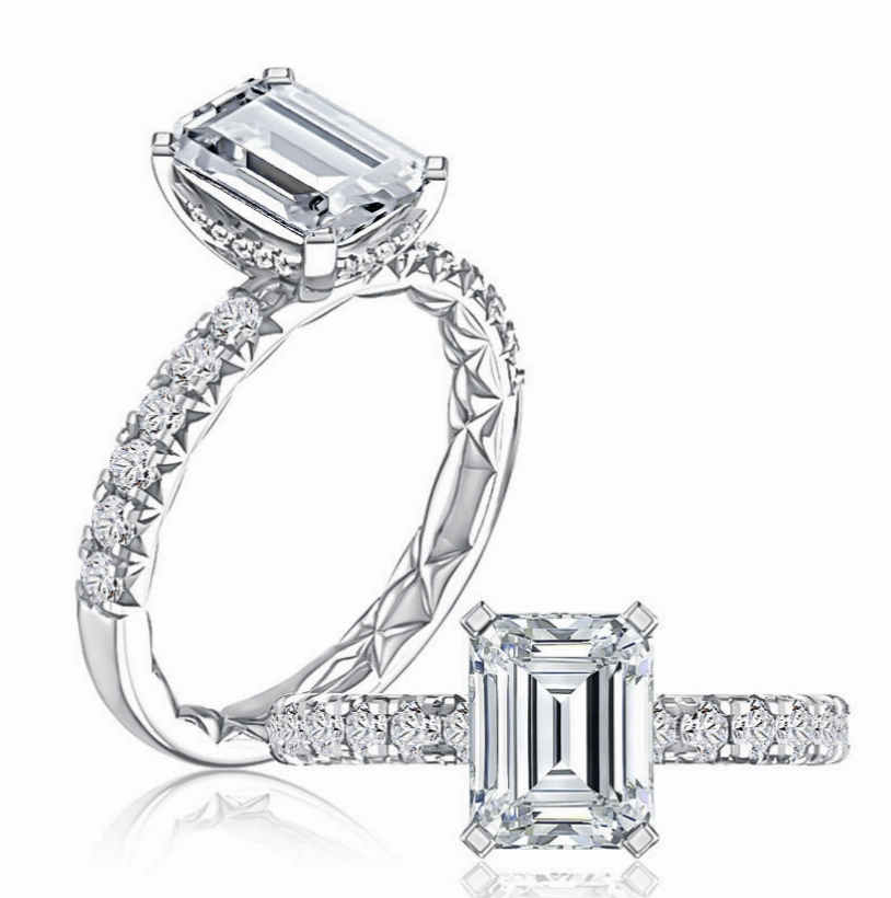 Bold Glint Relaxed Style A. JAFFE Emerald Center Hidden Halo Diamond Engagement Ring Setting in 14K White Gold (.38ctw)