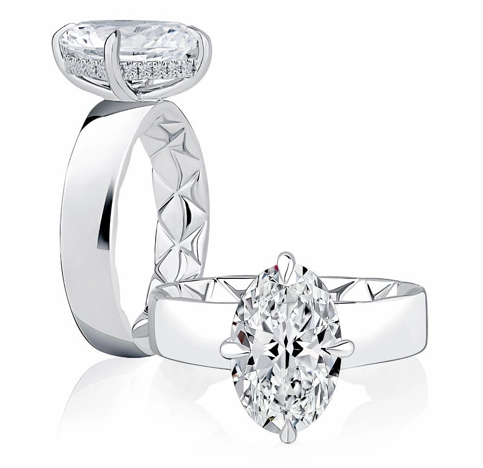 Edwardian Style Classic Expression A. JAFFE Oval Center Hidden Halo Diamond Engagement Ring Setting in 14K White Gold (.10ctw)