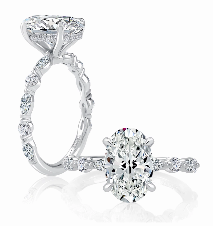 A. JAFFE Oval Center Side Stone Diamond Engagement Ring Setting in 14K White Gold (.42ctw) Secure Statement Romantic Product