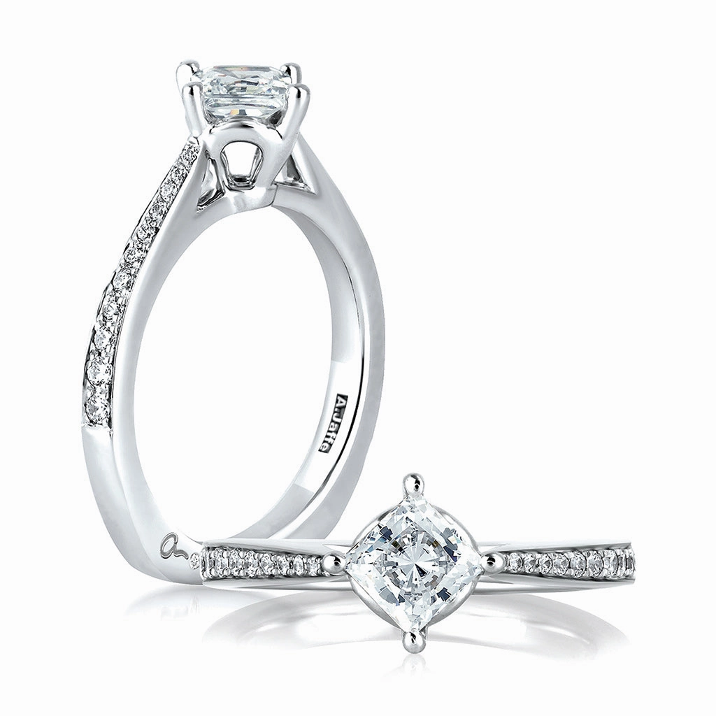 Everyday Wear A. JAFFE Princess Side Stone Diamond Engagement Ring Setting in 14K White Gold (0.17ctw)
