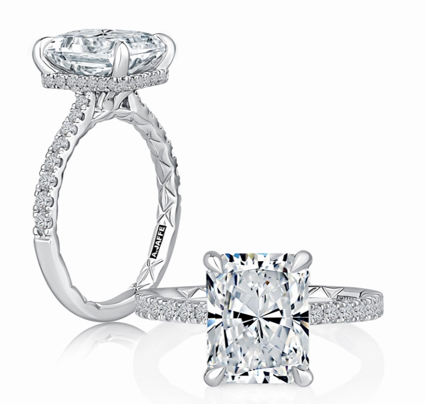 Spring Present Ornate Creation A. JAFFE Radiant Center Hidden Halo Diamond Engagement Ring Setting in 14K White Gold (0.38ctw)