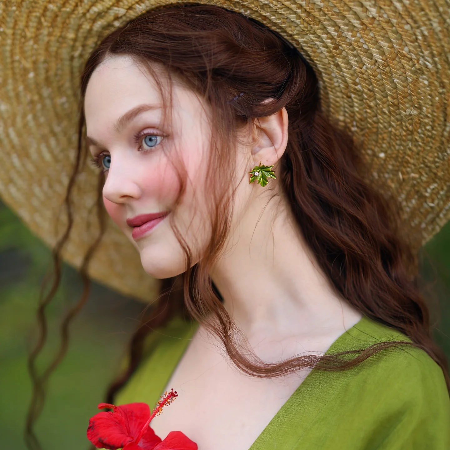 Green Maple Leaf Earrings Curved Jewelry Polygonal Decoration