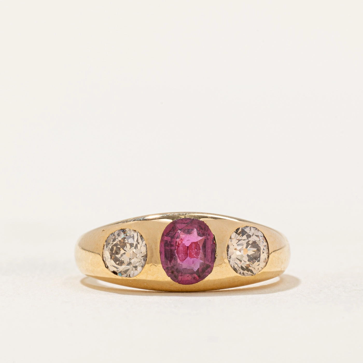 Antique Flush Set Old Cut Diamond & Ruby Ring | 0.90ctw, 0.85ct | SZ 8.25 | Fashion Form Vibrant Craft