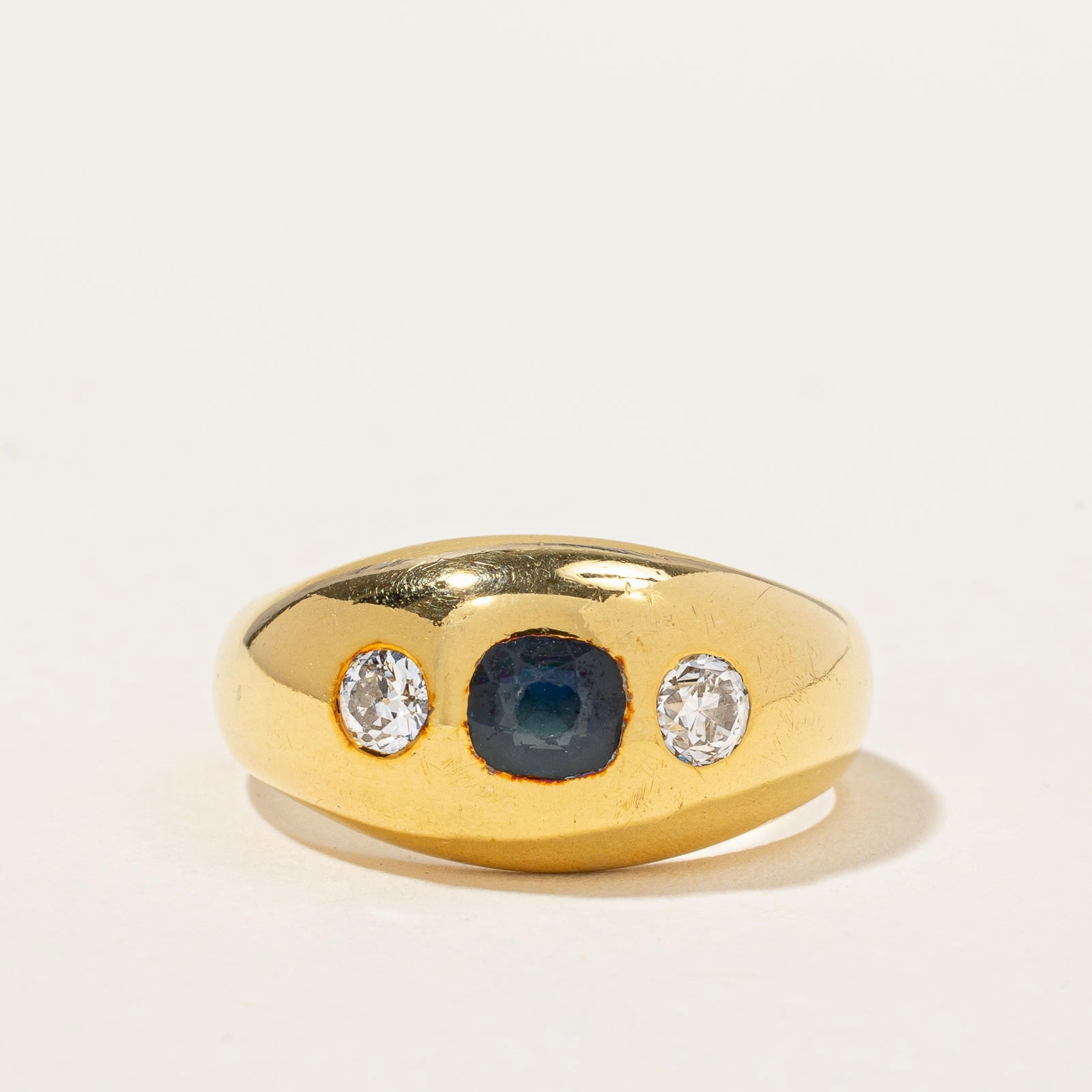 Glamourous Piece Antique Flush Set Sapphire & Old Cut Diamond Ring | 0.30 ctw, SZ 8.25 |