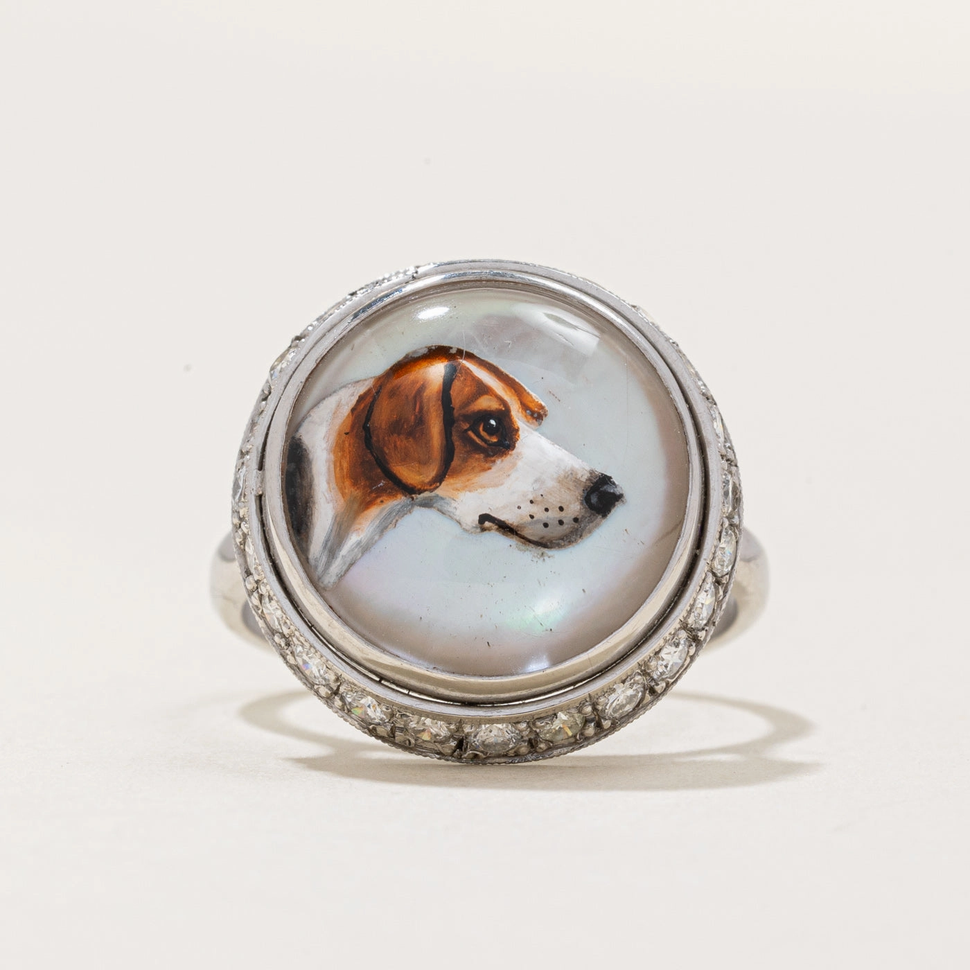 Art Deco Era Essex Crystal Ring With Portrait of a Hound | 0.57ctw | SZ 6.75 | Vogue Design