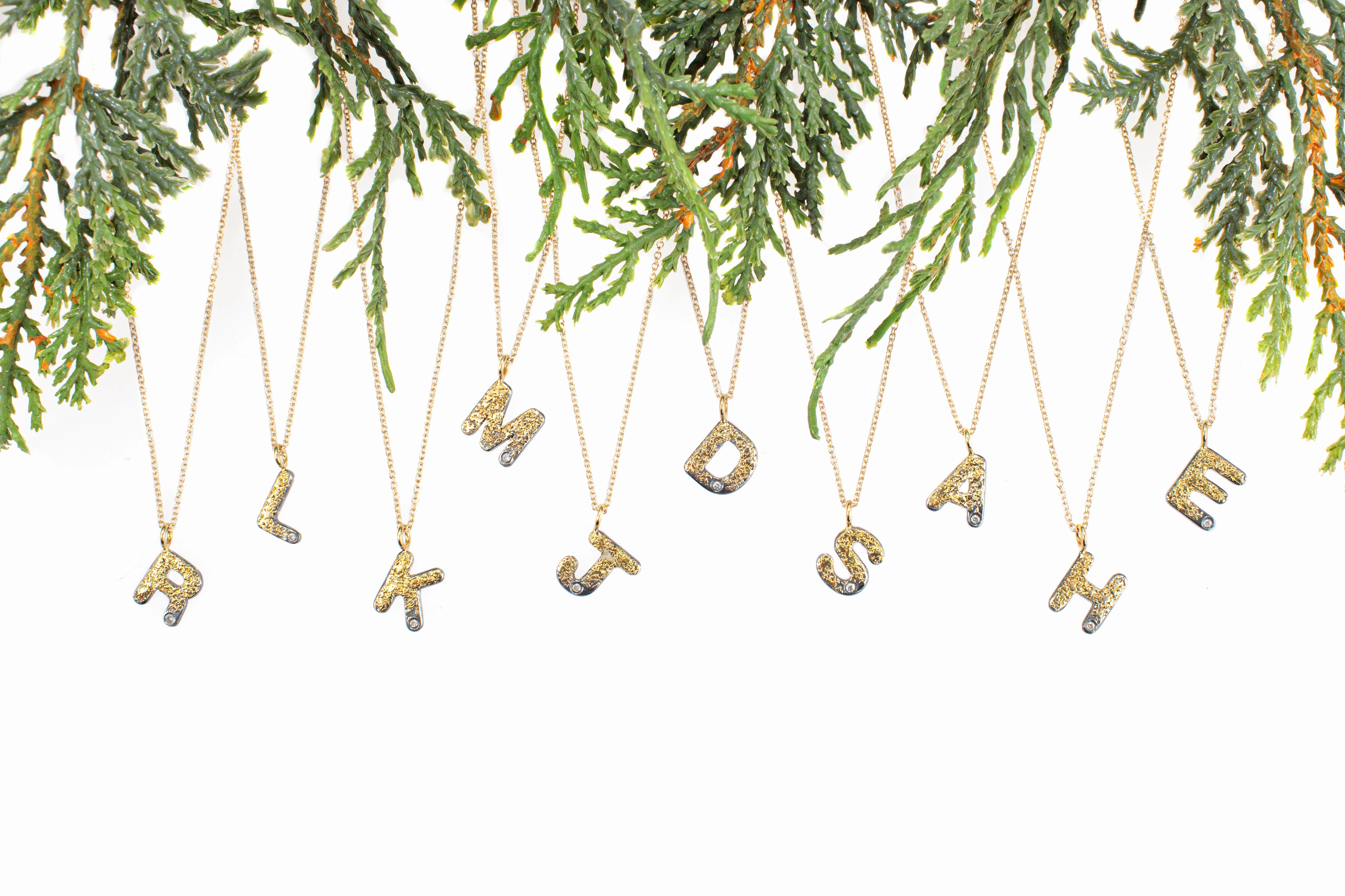 Event Glow Dainty Spark Alphabet Necklace 2.0 on 14ky Gold Chain - 22ky, 18ky, Oxidized Silver   VS Diamond