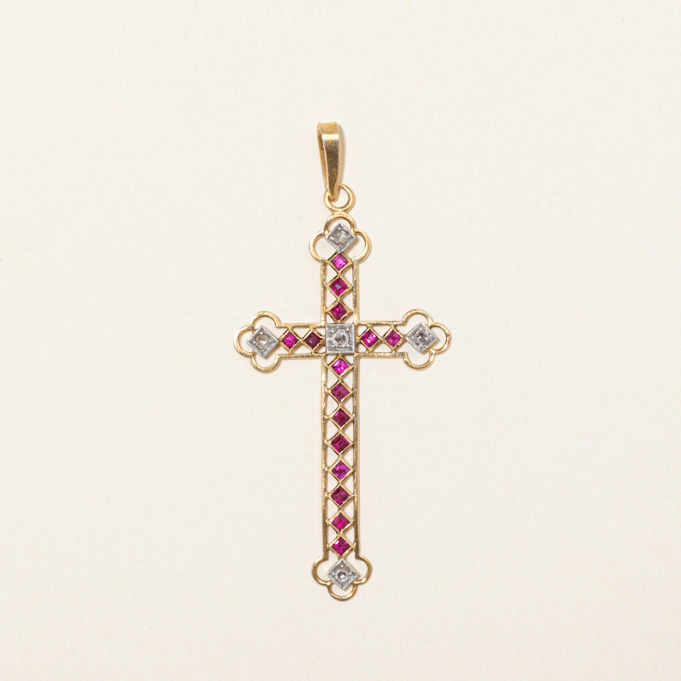18k Synthetic Ruby & Natural Diamond Cross Pendant | 0.60ctw, 0.11ctw Fall Mood