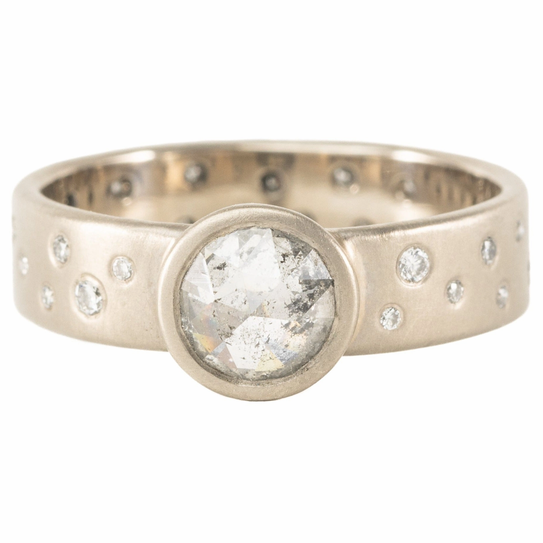 OOAK Round Rose Cut Salt   Pepper Diamond Ring   Scattered VS Diamonds - 18k Palladium White Gold   Diamonds  7 Statement Layer