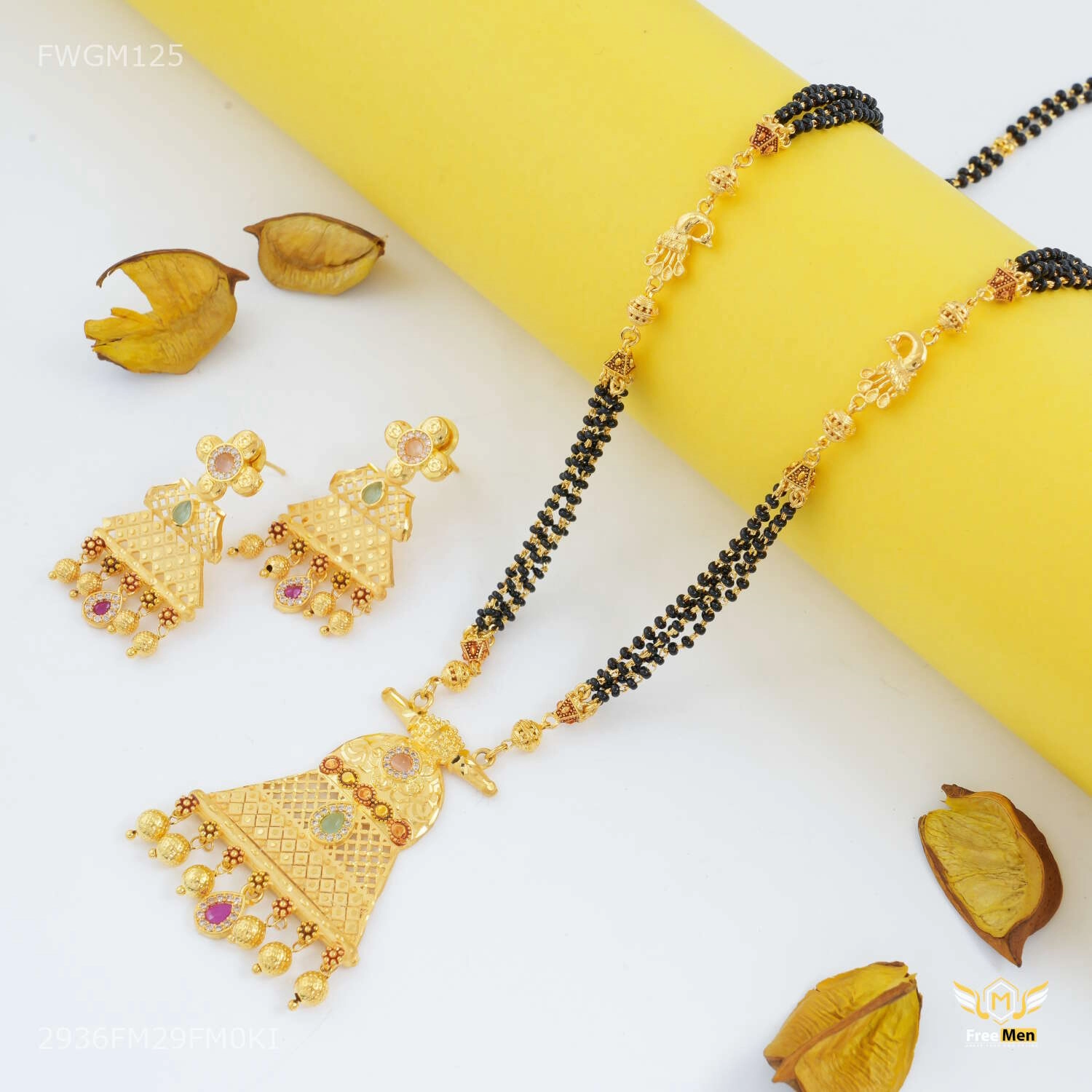 Bell Shape with Pink AD  mangalsutra and Earing for women - FWGM125 Custom Touch