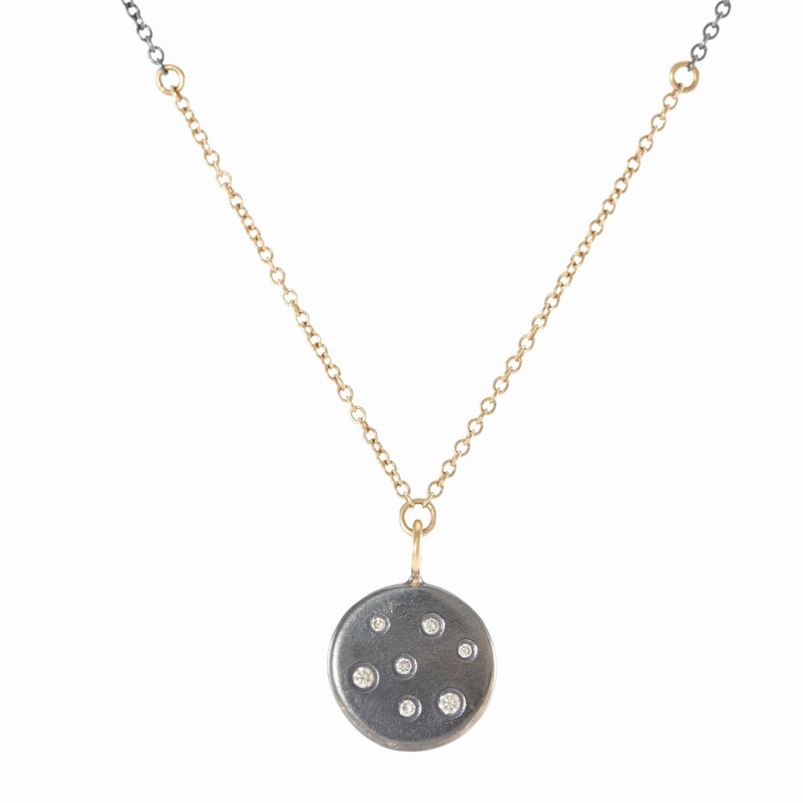 shiny accents Black   Gold Disc Necklace on Two-Tone Chain - 14k Gold, Oxidized Silver   VS White Diamonds