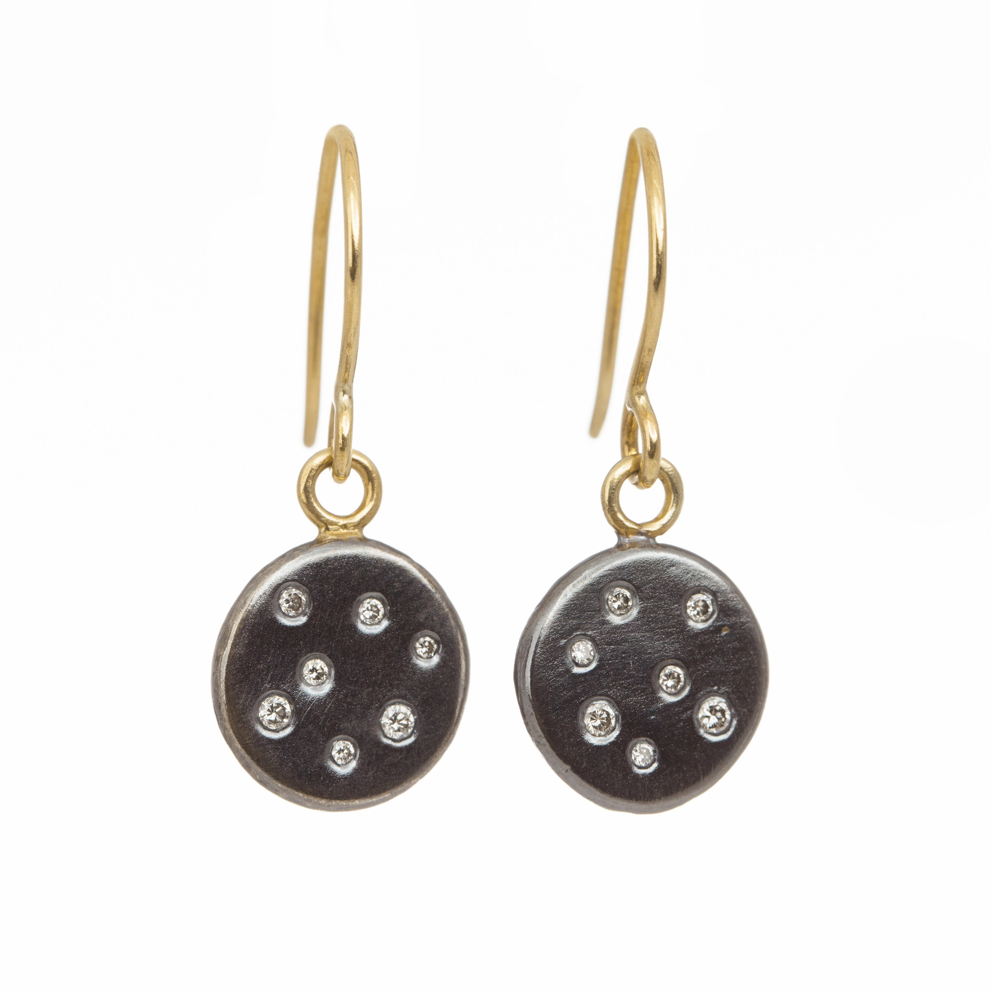 Romantic Date Statement Fit Black   Gold Scattered Diamond Disc Earrings - 18ky Gold, Oxidized Silver   Reclaimed Diamonds