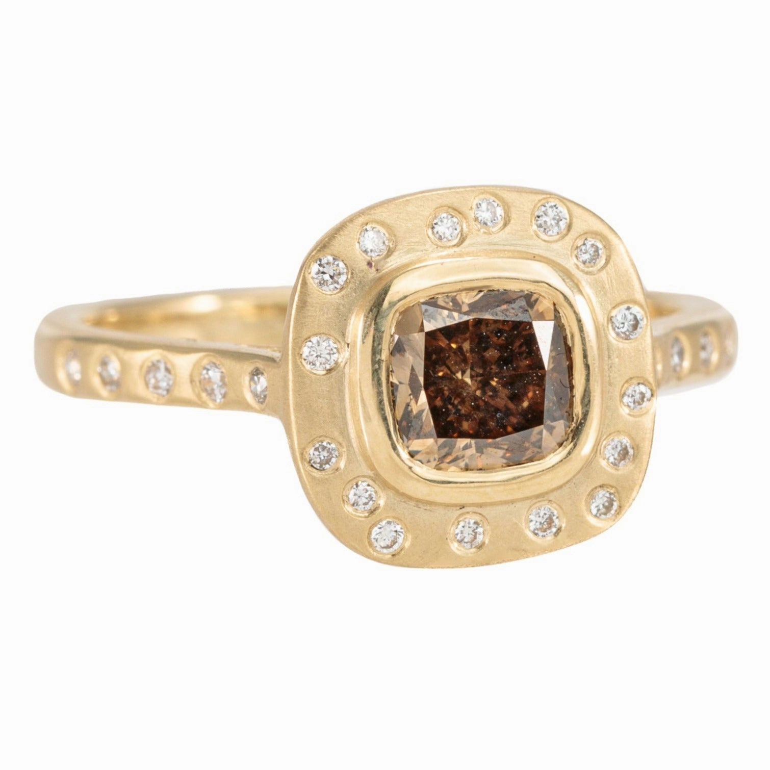 Luxurious Detail OOAK Champagne Cushion Cut Diamond Halo Ring    VS Accents - 18k Gold   Diamonds 6.5
