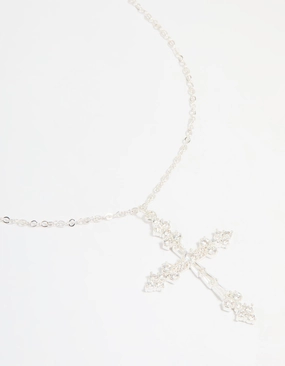 Silver Plated Cubic Zirconia Large Cross Pendant Necklace Chic Highlight