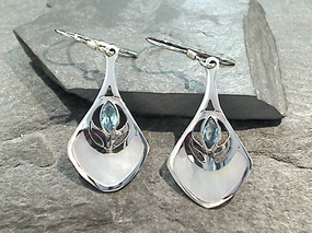 Blue Topaz, Mother Of Pearl, Sterling Silver Earrings Sparkling Craftwork