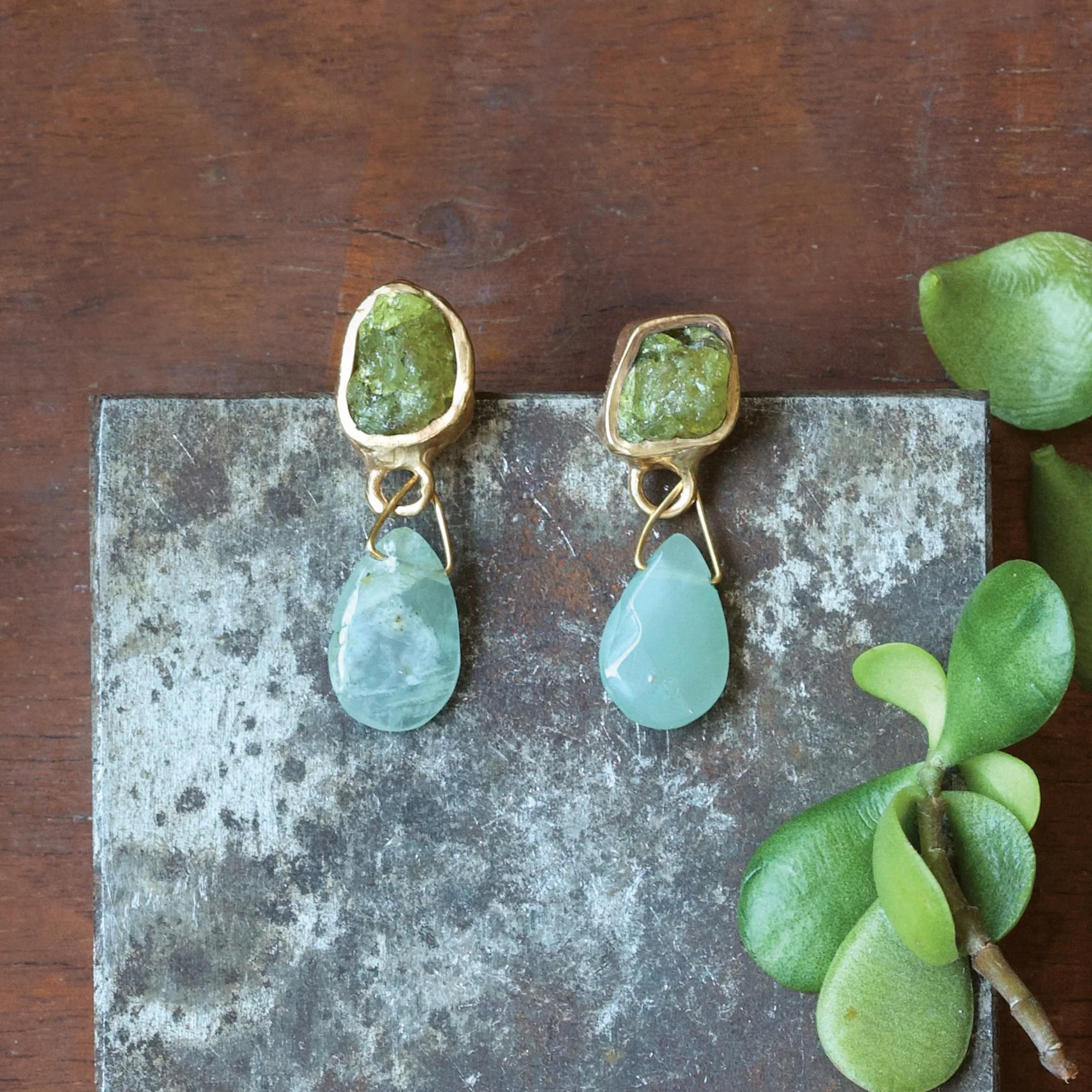 Modern Chic Distinctive Sparkle Calm Waters Earrings - Brass, Aquamarine   Green Garnet