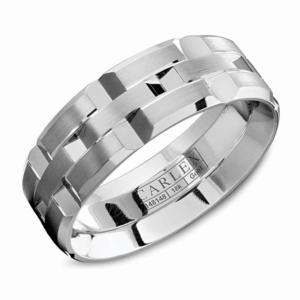 Carlex Carved 7.5mm Wedding Ring in 18K White Gold Balanced Structure