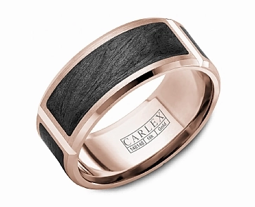 Carlex Textured 9mm Wedding Ring in 14K Rose Gold/Black Forged Carbon Fiber Casual Wear Gift Guide