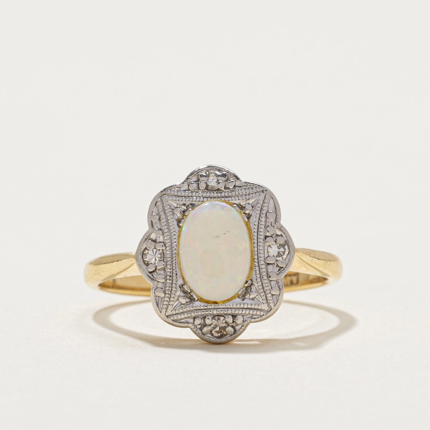 Edwardian Inspired Diamond and Opal 18k Daisy Ring | 0.50ct, 0.04ctw | SZ 5.5 | Petite Accent Subtle Accent