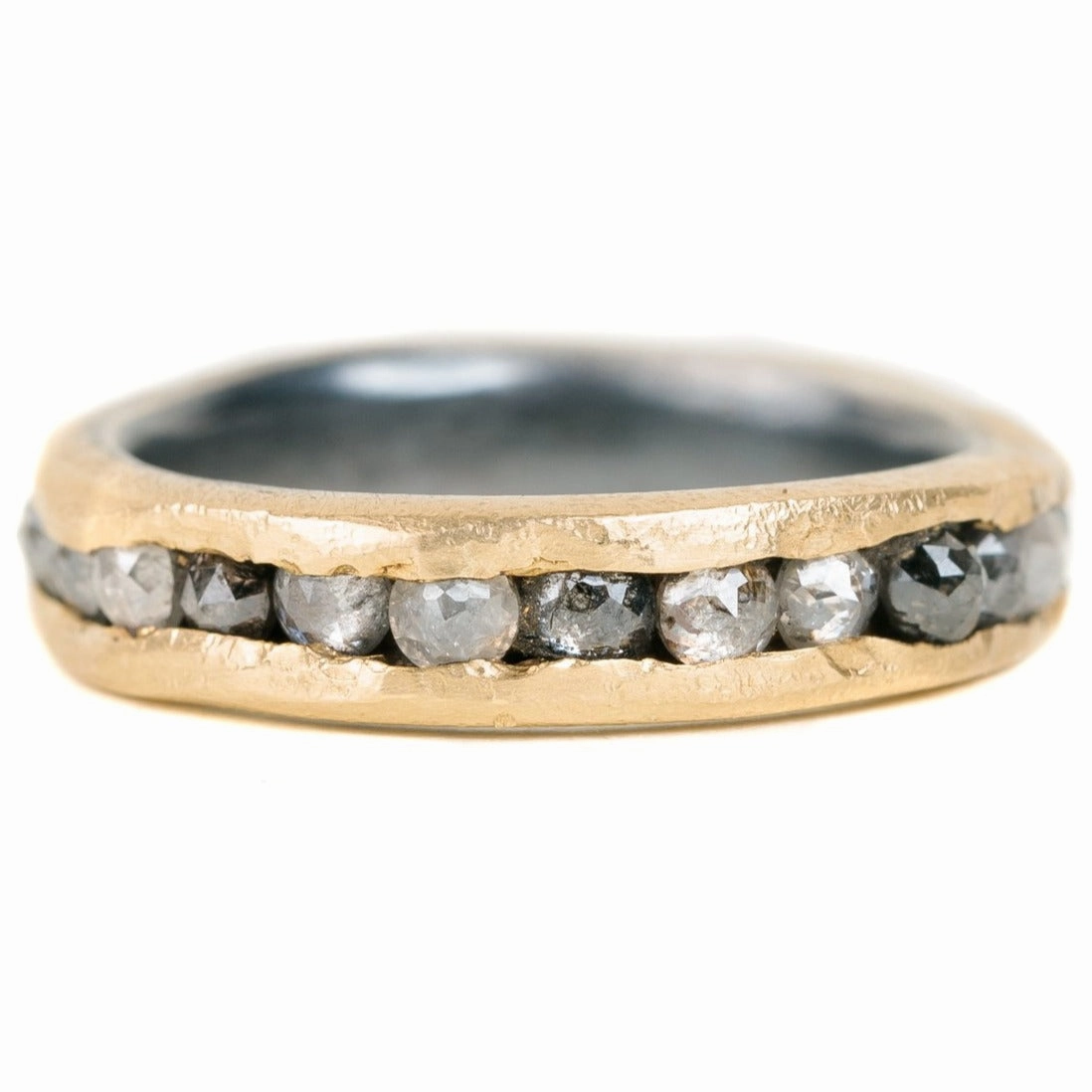 Understated Mood Pure Form Channel Set Band with Rose Cut Diamonds- 18ky Gold, Oxidized Silver   Salt and Pepper Diamonds