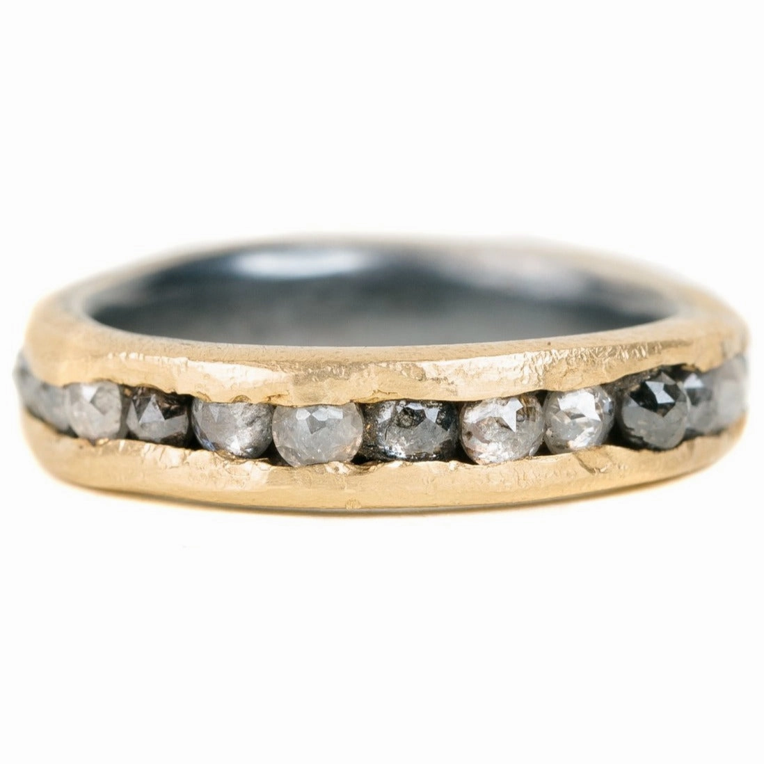 Channel Set Band with Rose Cut Diamonds- 18ky Gold, Oxidized Silver   Salt and Pepper Diamonds Gleaming Detail