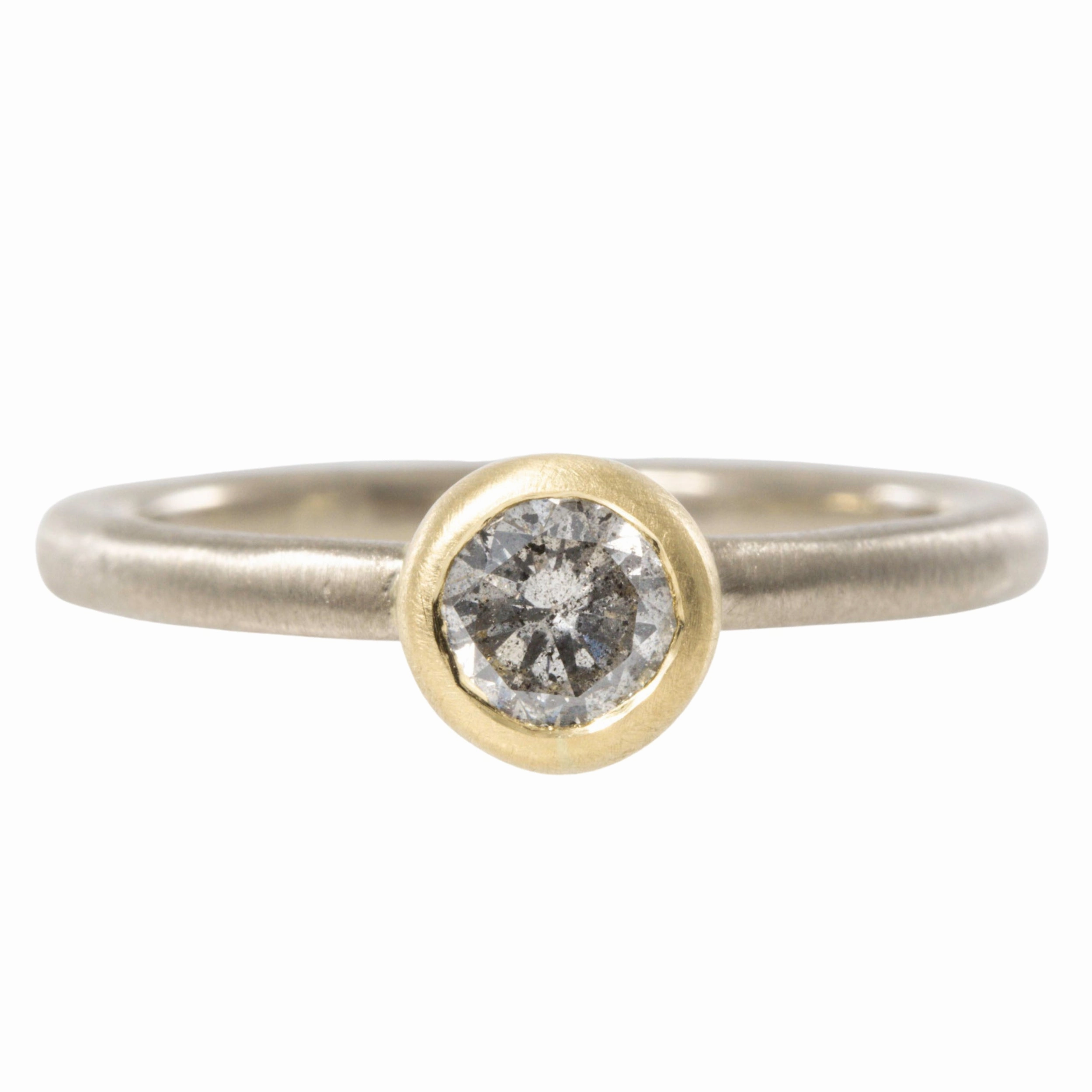 Weekend Light Sculpted Sparkle .545 ctw Natural Salt   Pepper Round Diamond - Handmade Two-Tone 18ky/14kpw Gold Bezel Setting