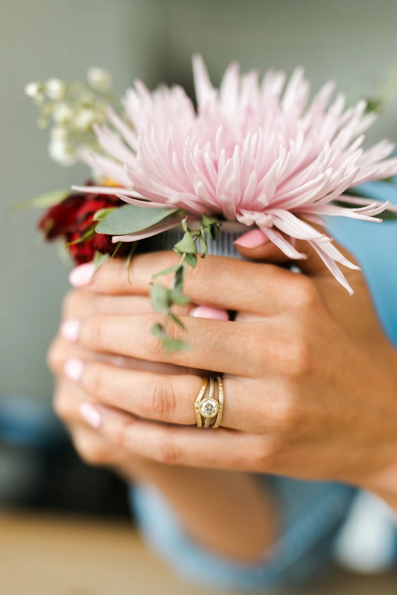 .545 ctw Natural Salt   Pepper Round Diamond - Handmade Two-Tone 18ky/14kpw Gold Bezel Setting Designer Craft Sleek Detailing