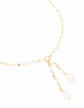 Gold Plated Freshwater Pearl Chain Drop Y-Necklace Sleek Craft Cool Finish