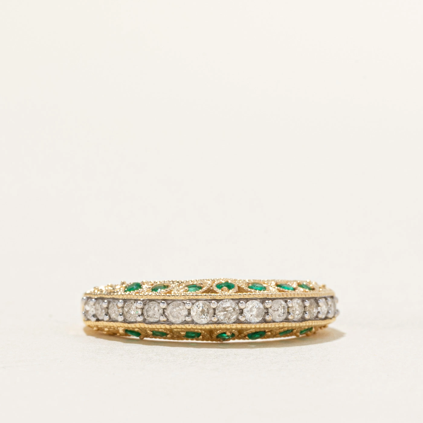 Luxury Tone Pave Set Diamond & Emerald Ornate Band | 0.30ctw, 0.14ctw | SZ 6