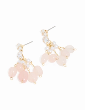 Gold Plated Rose Quartz Chip Cubic Zirconia Drop Earrings Bridal Accessory Artistic Flair
