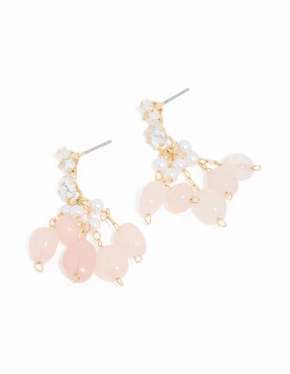 Gold Plated Rose Quartz Chip Cubic Zirconia Drop Earrings Bridal Accessory Artistic Flair