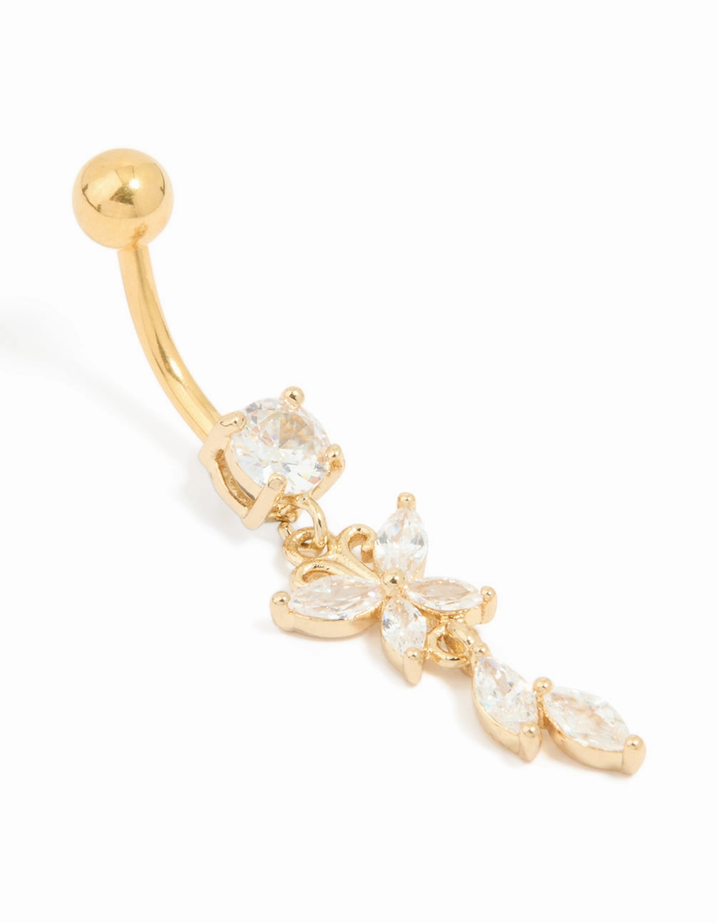 Exquisite finish Gold Plated Surgical Steel Cubic Zirconia Butterfly & Leaf Drop Belly Bar