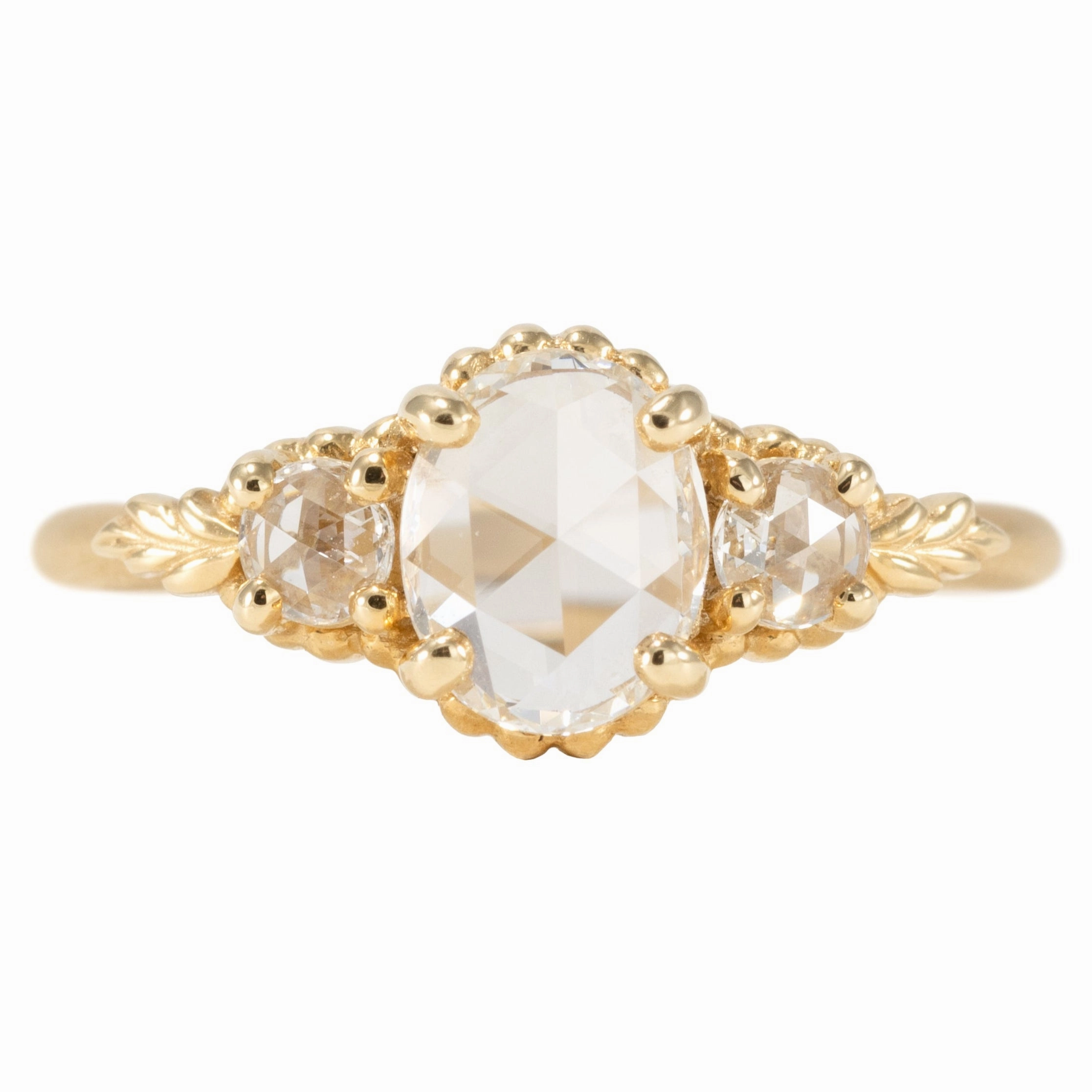 Classic Embellishment Wood Nymph Faye 3-Stone Engagement Ring - 18K Yellow Gold, .63ct (VS2/F) Oval Rose Cut Diamond   Round Rose Cut Diamonds (.13tcw)