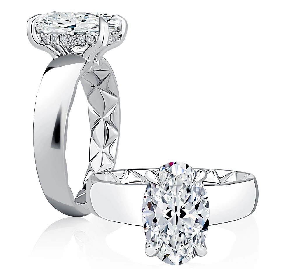 Lustrous Detail A. JAFFE Oval Center Hidden Halo Diamond Engagement Ring Setting in 14K White Gold (.09ctw)