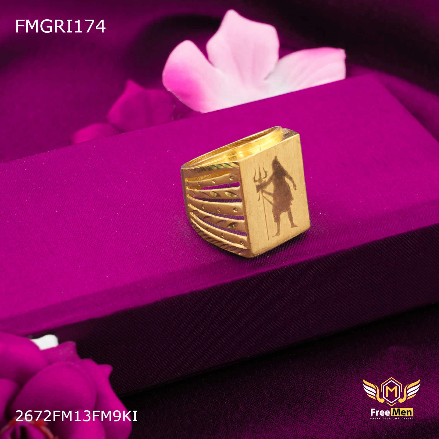 Opulent Gem Urban Look Freemen 1gm Square Box Gold plated Mahadev ring for men - FMGRI174