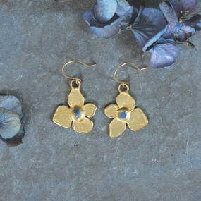 Timeless Edge Handcrafted Quality Hydrangea Earrings - Brass, Blue Sapphire   Gold fill