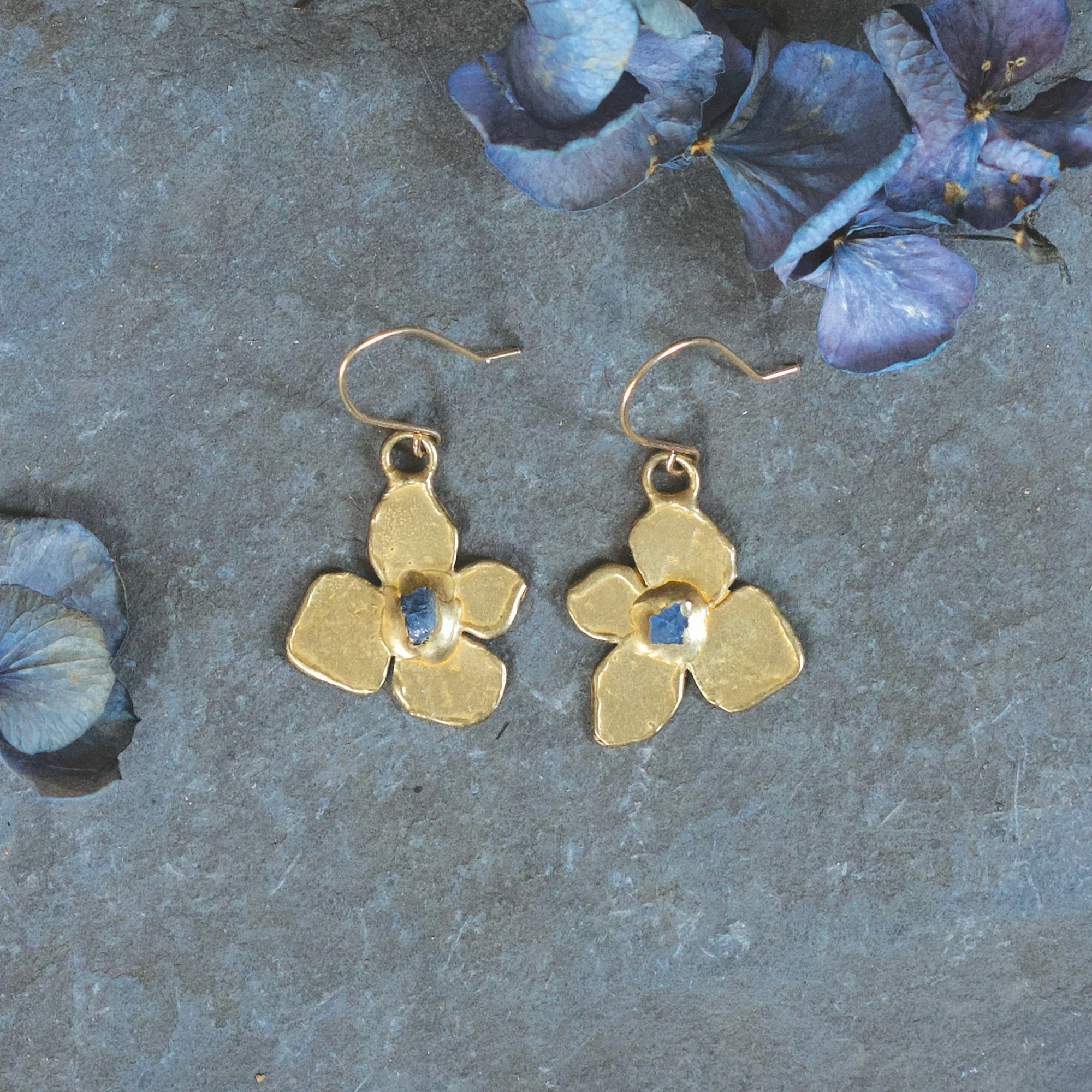 Timeless Edge Handcrafted Quality Hydrangea Earrings - Brass, Blue Sapphire   Gold fill