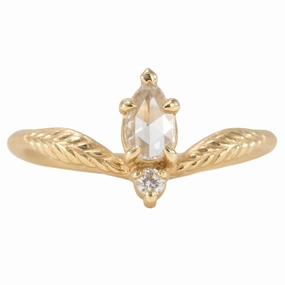 Evergreen Tulip Cherie Engagement Ring - 18K Yellow Gold, .25ct Rose Cut Pear Diamond   .03 ctw Round Brilliant Cut Diamonds Etched Design