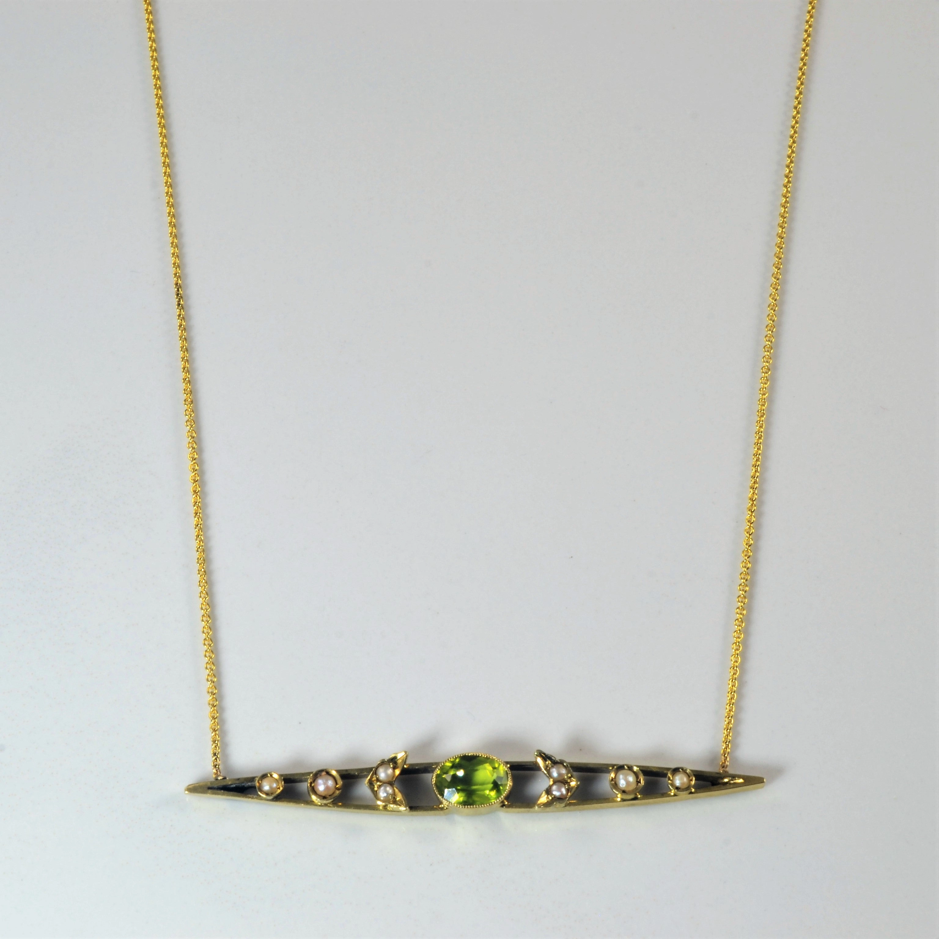 'Bespoke' Edwardian Peridot & Pearl Bar Pendant Necklace | 0.65ct | 18" | Glamorous Detail