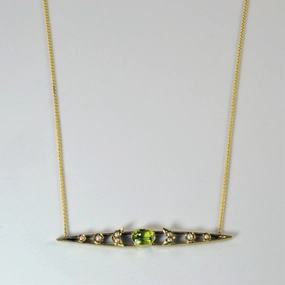 'Bespoke' Edwardian Peridot & Pearl Bar Pendant Necklace | 0.65ct | 18" | Chic Pick