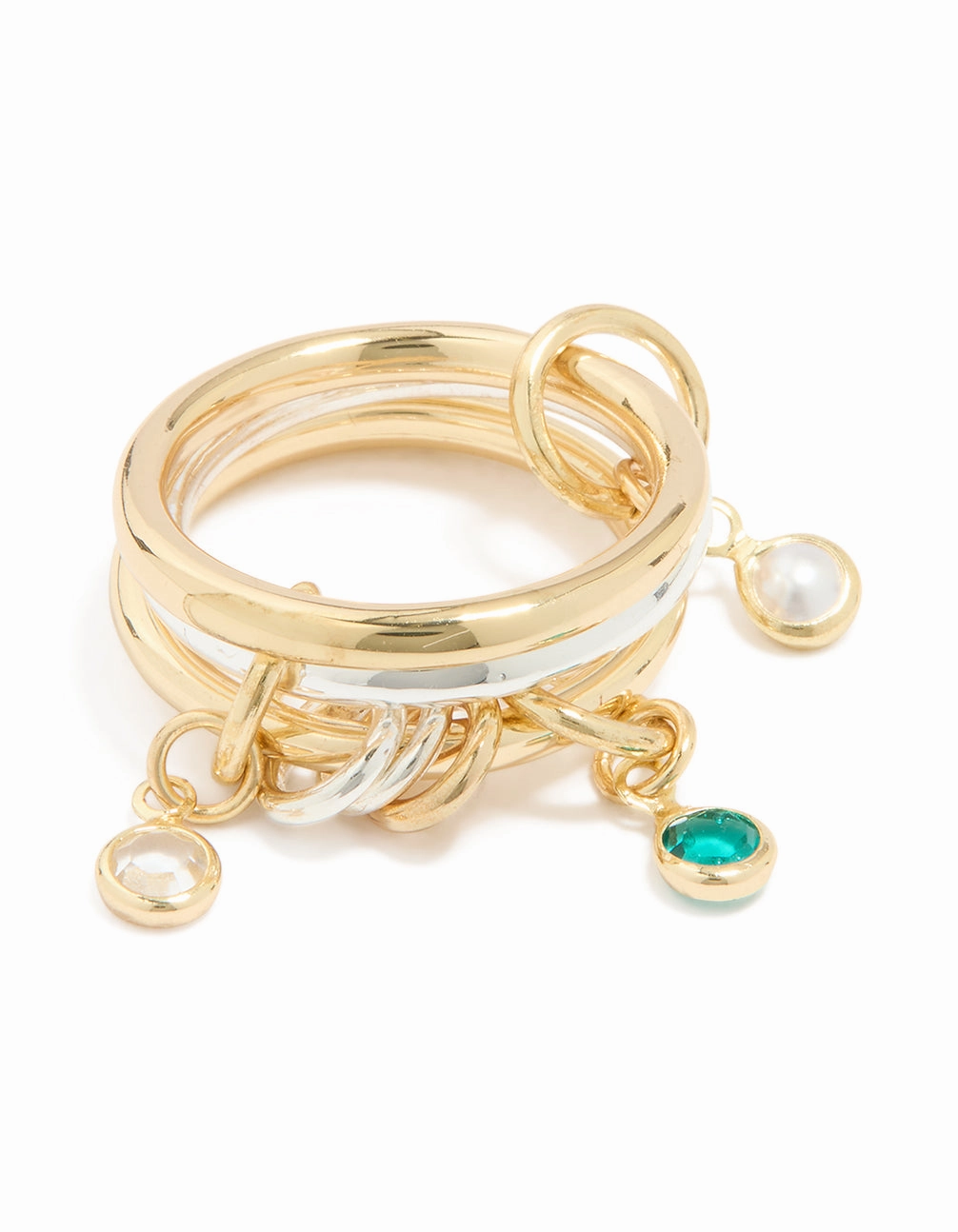 Unique Craftwork Street Style Mixed Metals Cubic Zirconia Pearl Interlocked Layered Ring