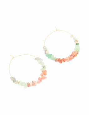 Gold Plated Multicoloured Semi Precious Stone Chip Hoop Earrings Graceful Design Shine And Style