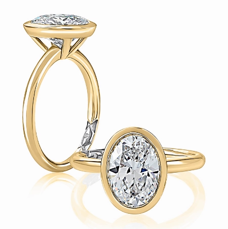 Travel Present Secure Embellishment A. JAFFE Oval Center Bezel Solitaire Diamond Engagement Ring Setting in 14K Yellow Gold