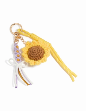 Crocheted Sunflower & Purple Flowers Key Chain Linear Form