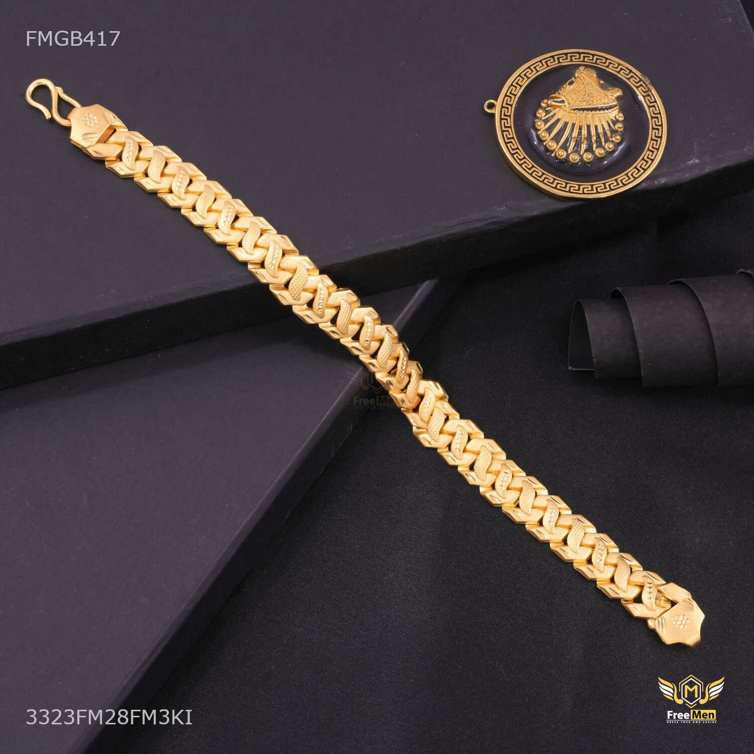 D cut with Leaf Pokel Gold Plated Bracelet  for Men - FMGB417 Elite Finish Sleek Shape